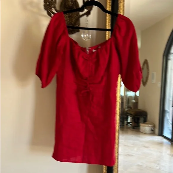 REFORMATION Kathryn 💯 Linen Red Puff Sleeve Dress
